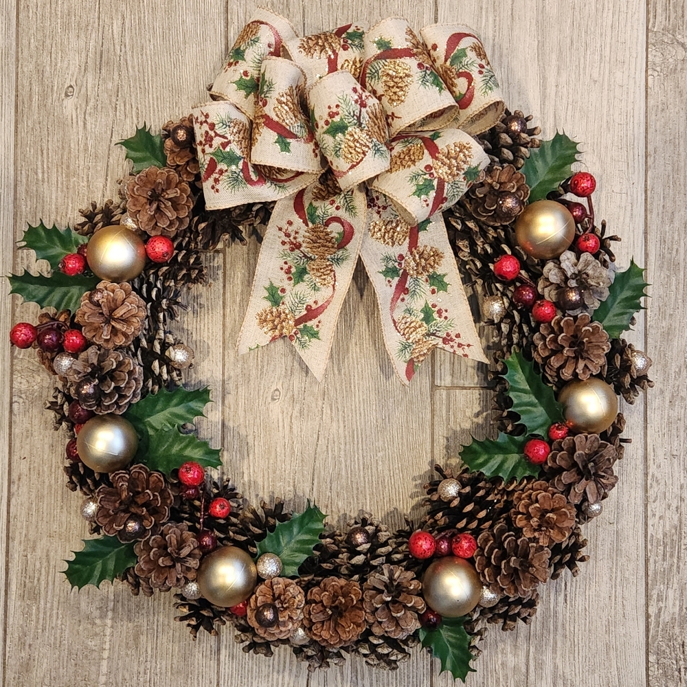 Golden Holiday Pinecone Christmas Wreath